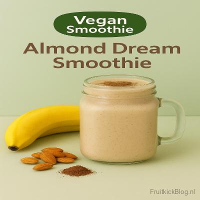 Glas met een Almond Dream Smoothie, met bananen en amandelen ernaast, op een beige achtergrond