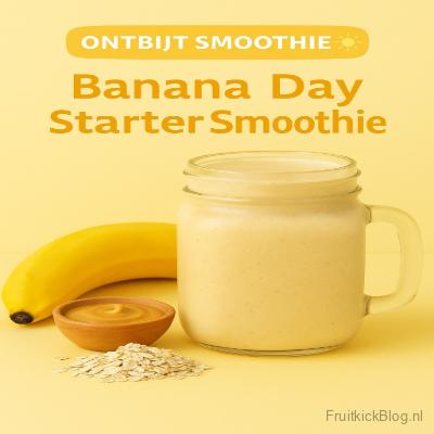 Ontbijt smoothie Banana Day Starter in een glazen mok, met banaan, havermout en pindakaas op een gele achtergrond