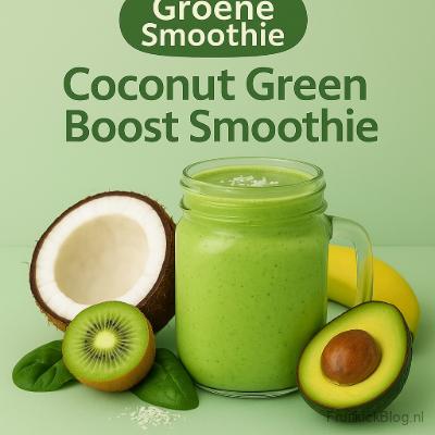 Coconut Green Smoothie in een glas met een kokos noot en fruit ernaast