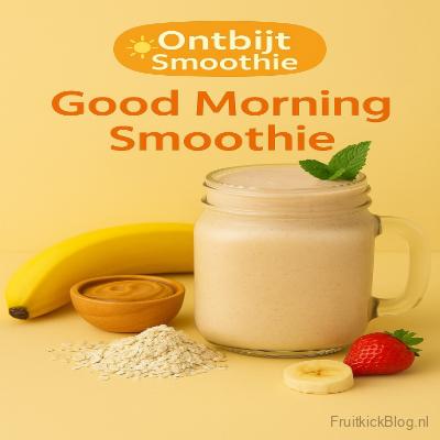 Ontbijt smoothie Good Morning in een glazen mok, met banaan, havermout, pindakaas, aardbei en muntblad op een gele achtergrond