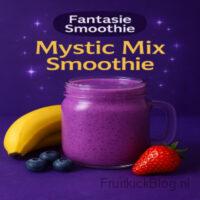 Fantasie smoothie Mystic Mix in een glazen mok, met banaan, blauwe bessen en aardbei op een paarse achtergrond.