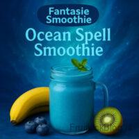 Fantasie smoothie Ocean Spell in een glazen mok, met banaan, kiwi, blauwe bessen en muntblad op een oceaanblauwe achtergrond