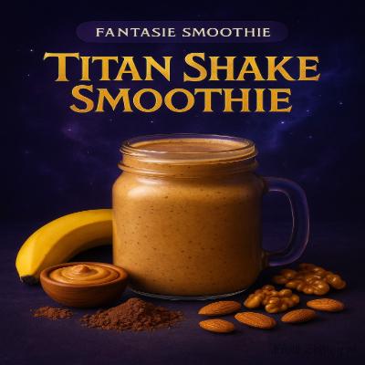 Fantasie smoothie Titan Shake in een glazen mok, met banaan, cacaopoeder, pindakaas, amandelen en walnoten op een donkerpaarse achtergrond.