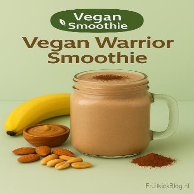Glas met een Vegan Warrior Smoothie, omringd door bananen en amandelen, tegen een bruine achtergrond.