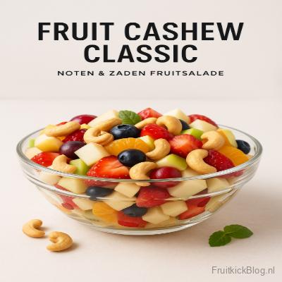 Gezonde fruitsalade met cashewnoten en kleurrijk vers fruit – ideaal zomers recept.