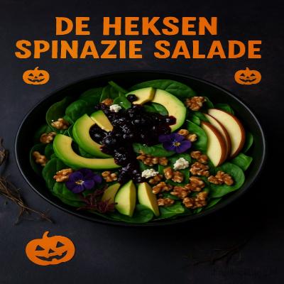 Een betoverende groene salade vol verse spinazie, magische toppings en een mysterieuze zwarte-bessen dressing. Perfect voor een griezelig gezond Halloweenfeest!