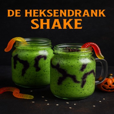 Een mysterieuze, felgroene smoothie met een donkere bessenswirl en 'wormige' topping – betoverend lekker én gezond.