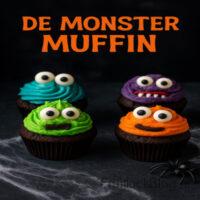 De Monster Muffin – vrolijke muffin met monsterdecoratie voor een griezelig Halloween feest.