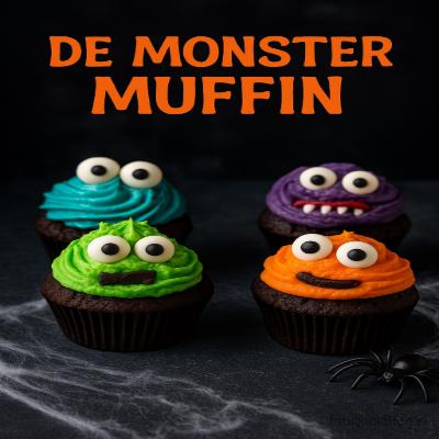 De Monster Muffin – vrolijke muffin met monsterdecoratie voor een griezelig Halloween feest.