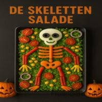 Een knapperige, kleurrijke salade in de vorm van een skelet — gezond, creatief en perfect voor op het Halloweenfeest.