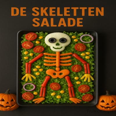 Een knapperige, kleurrijke salade in de vorm van een skelet — gezond, creatief en perfect voor op het Halloweenfeest.