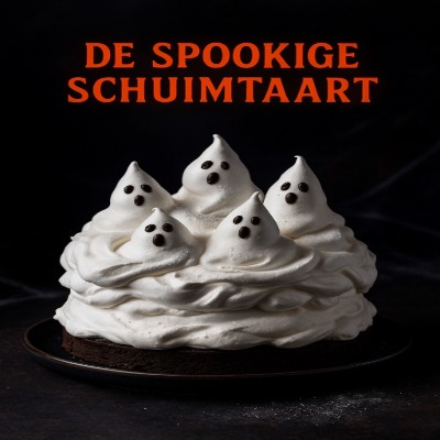 Een luchtige meringue-taart met chocoladebodem, marshmallow topping en spookachtige decoratie. Een dessert dat eruitziet als een wolk vol geesten — licht, zoet en onweerstaanbaar spooky!