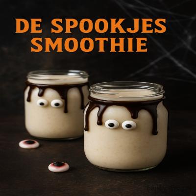 Een romige witte smoothie met een vleugje vanille en kokos, versierd met eetbare oogjes of donkere chocoladeswirl — alsof de spookjes er zelf in rondwaren!