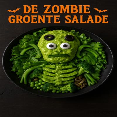 Een knapperige, groen gekleurde salade vol “zombie-energie” – fris, voedzaam en met een spooky twist dankzij de grillige presentatie en groene dressing.