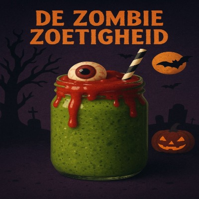 De Zombie Zoetigheid – romige groene smoothie met zoete twist, een echte Halloweentraktatie.