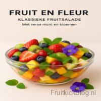 Fruit en Fleur salade met kleurrijk fruit en bloemige tonen – frisse klassieke fruitsalade.