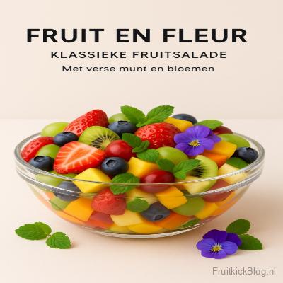 Fruit en Fleur salade met kleurrijk fruit en bloemige tonen – frisse klassieke fruitsalade.