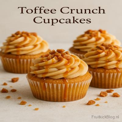 Toffee Crunch cupcakes – romige cupcakes met karameltoffee en knapperige topping.