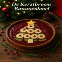 Een romige, gezonde kerst bowl met banaan, yoghurt en fruit, opgemaakt in de vorm van een kerstboom. Perfect voor ontbijt, brunch of een feestelijke gezonde snack.