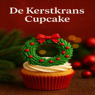 Vanille Cupcake versierd als een kerstkrans met groene botercrème en rode pareltjes.