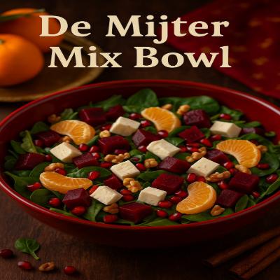 Een kleurrijke en gezonde salade met rode bieten, feta en mandarijntjes — geïnspireerd op de kleuren van de mijter van Sinterklaas. Een frisse, feestelijke bowl vol smaak en sfeer!