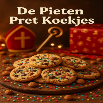 Speelse, kleurrijke koekjes met stukjes chocolade, kruidnoten en vrolijke sprinkles — precies wat de Pieten zouden bakken in de bakkerij van de Sint!