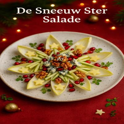 Een frisse, elegante salade met witlof, appel, blauwe kaas en walnoten, mooi gepresenteerd in de vorm van een sneeuwster. De honing-citroendressing geeft een zachte, feestelijke balans tussen fris en romig.