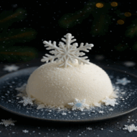 Een elegante, zachte witte chocolademousse in winters ijskristal-thema. Perfect als luxe kerstdessert.