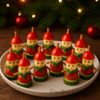 Vrolijke en feestelijke hapjes die eruitzien als kleine kerstelfjes. Ideaal voor kerstborrels, kindertraktaties en feesttafels.