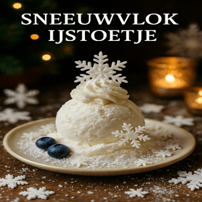 Een winters, sneeuwwit ijs toetje met vanille-ijs, kokos en romige sneeuw topping. Elegant, licht en perfect als feestelijk kerst dessert.