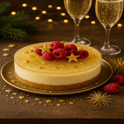 Een luxe en sprankelende cheesecake met champagne-mousse topping en gouden decoratie. Perfect voor een feestelijke jaarwisseling.