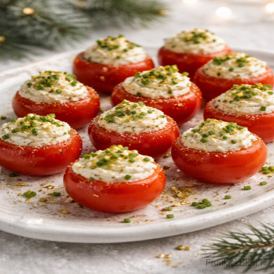 Kleine, sappige tomaatjes gevuld met een romige kaasvulling en afgewerkt met een subtiele gouden touch. Elegant, fris en perfect als luxe kersthapje