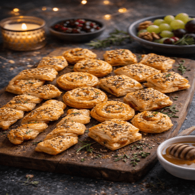 Kerstavond Bladerdeeg Hapjes zijn knapperige, warme hapjes gevuld met romige kaas en hartige smaken. Perfect voor een gezellige kerstavond of feestelijke borrel.