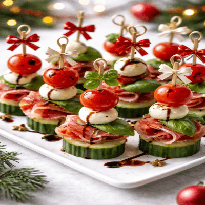 Deze Kerstavond Mini Spiesjes zijn stijlvolle en smaakvolle kersthapjes die perfect passen bij een feestelijke kerstborrel of als voorgerecht tijdens het kerstdiner. De combinatie van frisse komkommer, sappige kerstomaatjes, romige mozzarella en hartige rauwe ham zorgt voor een uitgebalanceerde smaak in één hap. Door hun kleurrijke uitstraling en makkelijke bereiding zijn deze spiesjes ideaal voor zowel kleine als grote gezelschappen.