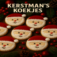 Zachte suiker koekjes versierd als de Kerstman, compleet met rode muts, witte baard en vrolijke details. Ideaal voor kerstfeestjes en kinderen.